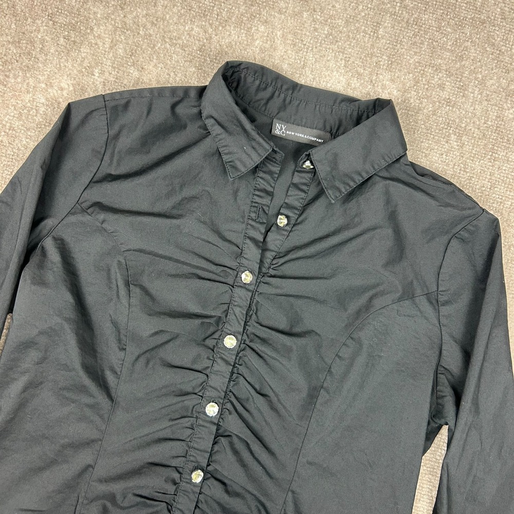 New York & Company Button Front Shirt Womens Black Ruched Roll Tab Sleeve Casual